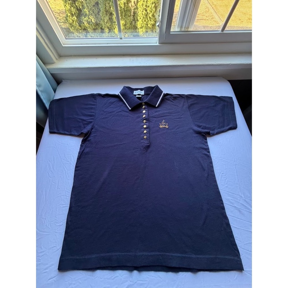 VTG Izod Navy Blue Cotton Polo Shirt Men's Small Gold Crest Button Tipped Collar